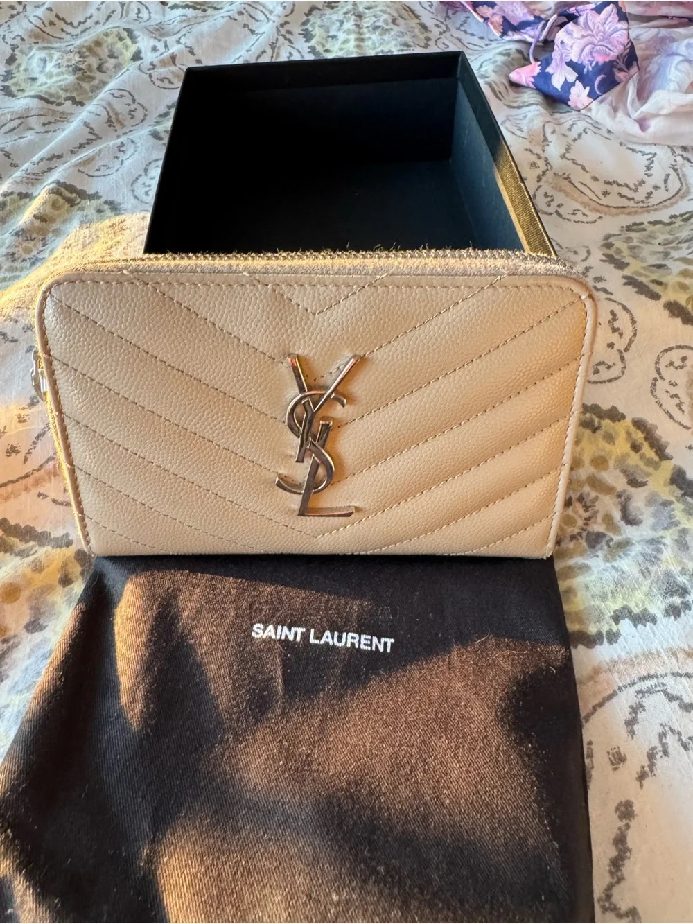 Saint Laurent Beige Chevron Quilted Zip-Around Wallet with Silver YSL